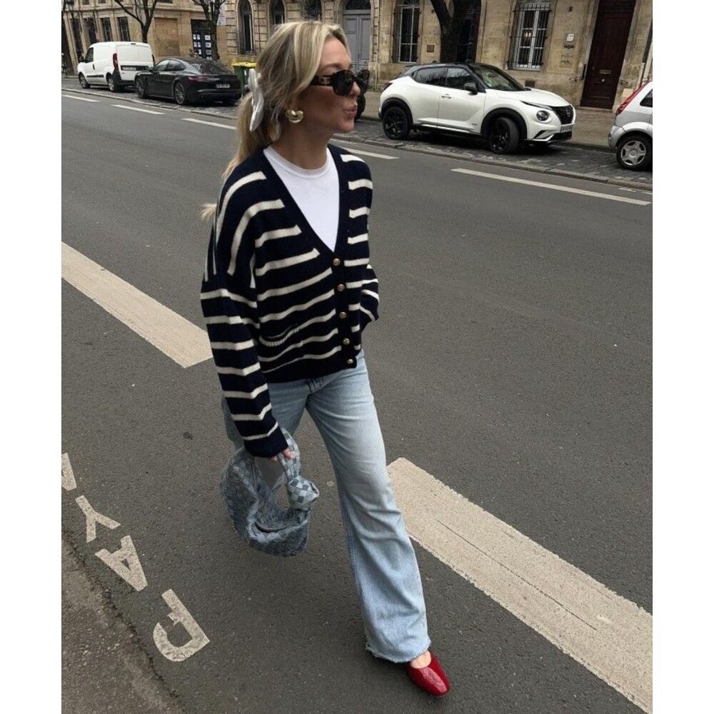 Oversized Navy Striped Cardigan – Coastal Chic Parisian Street Style Sweater